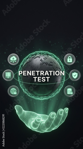 A digital hand holding a connected globe with security icons for penetration testing and global network defense