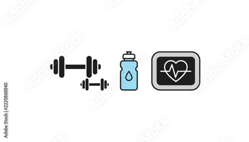 Fitness and healthy lifestyle concept vector icons featuring dumbbells, sports water bottle and heart rate monitor.