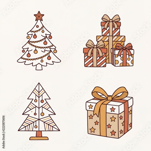 Hand Drawn Christmas Tree and Gift Box Doodle Illustration Set
