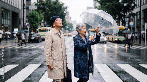 Seniors crossing city street in summer rain