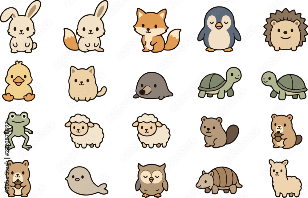 Naklejka premium Cute Kawaii Animal Character Set with Rabbit, Fox, Penguin, Hedgehog, Owl, Frog, Sheep and Turtle Cartoon Illustration