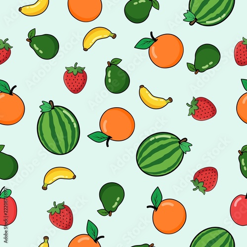 Cute mixed fruit seamless pattern on soft pastel mint green background, summer fruit vector illustration including watermelon, orange, banana, strawberry, avocado, and apple.