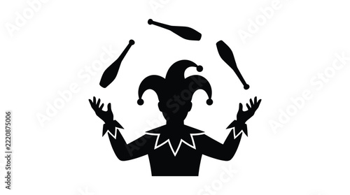 Jester silhouette juggling clubs, medieval court fool entertainer icon, circus performer mascot vector illustration isolated on White Background