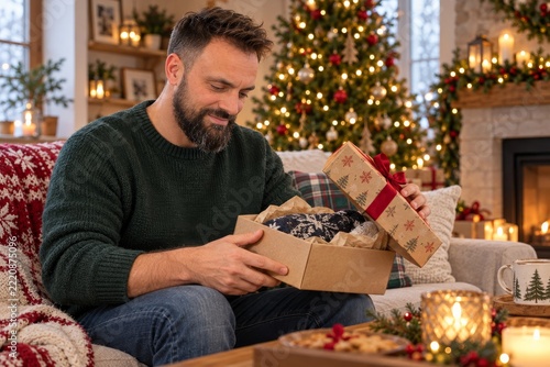 Man opening a wrapped Christmas gift on a cozy sofa