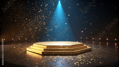 Golden Hexagonal Podium on Stage with Blue Spotlight Beam and Falling Confetti for Award Ceremony Product Presentation