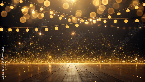 Luxury golden festive background with string lights, sparkling confetti, and wooden floor stage
