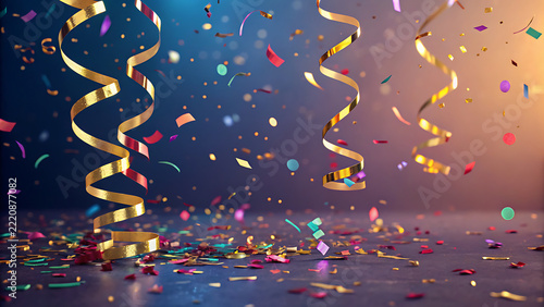 Vibrant Festive Background with Golden Streamers and Colorful Confetti Falling