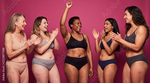 Body Diverse Women Cheering Against Magenta Background
