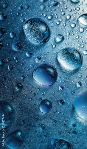 Close up of water droplets with blue hues and textural metallic surface