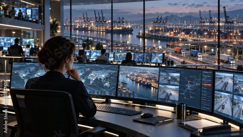 Human Operator Monitoring AI-Powered Global Logistics at a Port Control Center