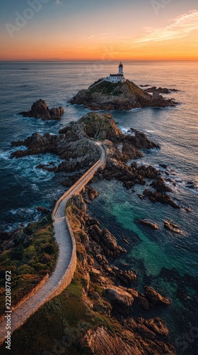 Coastal lighthouse with connecting pathway at sunset tranquil seascape scenery