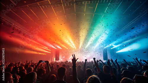 Vibrant Live Concert Stage with Cheering Crowd, Colorful Laser Beams, and Confetti Falling