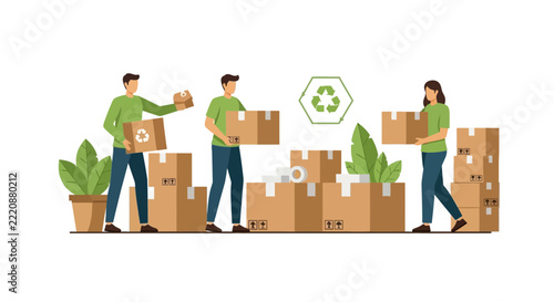 Eco-friendly relocation concept with team packing cardboard boxes for moving