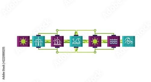 Renewable Energy Blockchain Network Concept Illustration with Solar, Wind, and Water Power Icons for Sustainable Technology