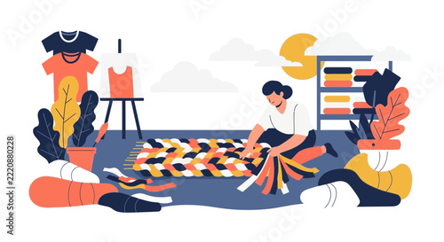 Sustainable Crafting Illustration: Woman Weaving Upcycled Rug from Recycled Fabric Scraps