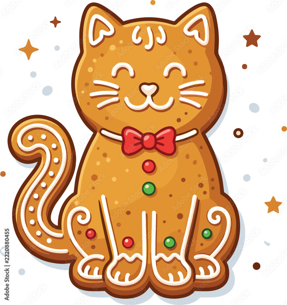 Obraz premium Gingerbread Cat Art, Xmas Cookie Vector Art, Holiday Kitty Clipart, Festive Cat Design, Winter Biscuit Vector