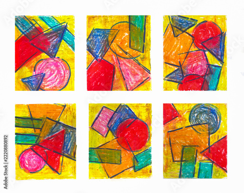 an artistic background created with wax pastels, markers, and acrylics