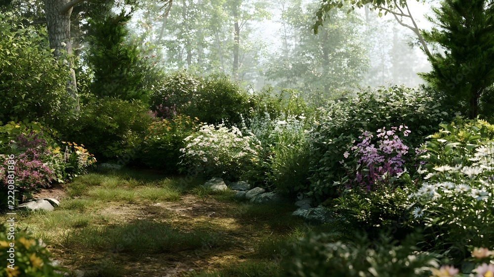 Fototapeta premium A serene garden path winds through lush greenery and colorful flowering plants under soft morning light
