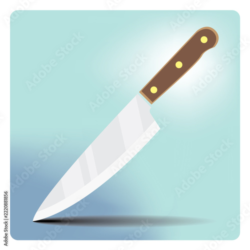 Sharp stainless steel kitchen knife isolated on soft blue background