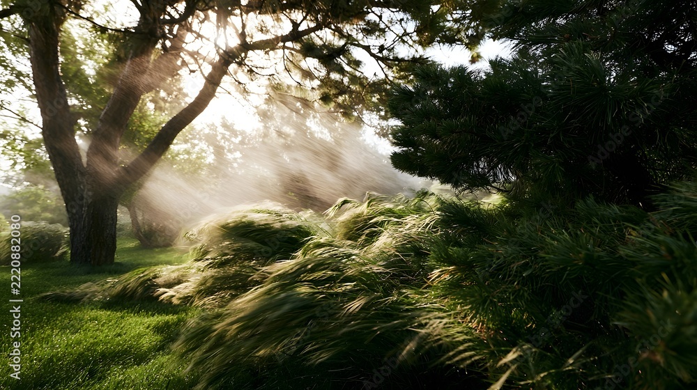 Fototapeta premium Sunlight filters through trees and grasses in a misty garden with motion blur from wind and soft natural lighting