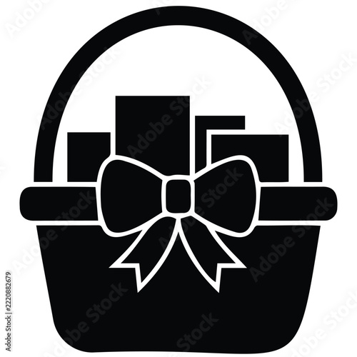Gift basket silhouette icon with presents and decorative bow isolated on white background.