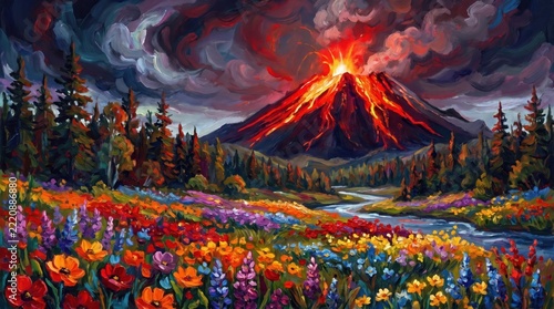 Fiery volcano eruption with vibrant flowers and dramatic clouds