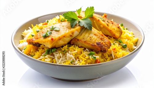 Delicious Fried Fish Fillets Served Over Aromatic Rice Pilaf.
