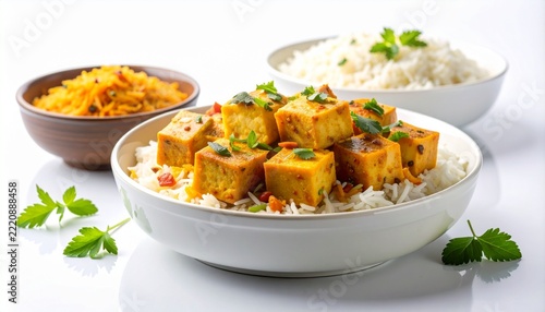 Delicious Tofu Curry Served with Rice and Garnish.