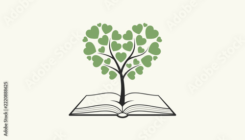Green tree with heart shaped leaves growing from an open book conceptualizing love for reading, education, and knowledge.