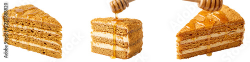 Set of three honey cake slices featuring multiple soft sponge layers and creamy fillings isolated on white background. PNG file