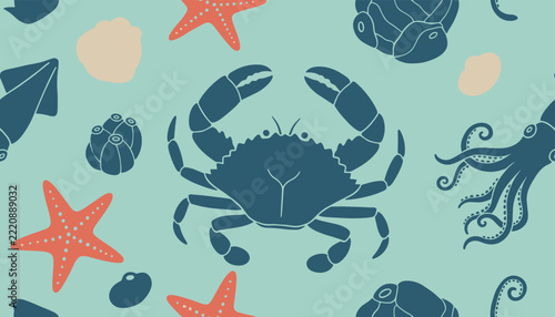Ocean wildlife seamless pattern featuring a central blue crab surrounded by starfish, squid, and seashells.
