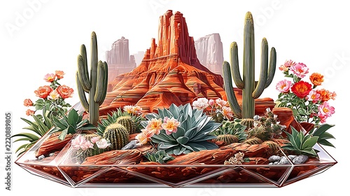 Desert terrarium with cactus and red rock landscape high resolution image