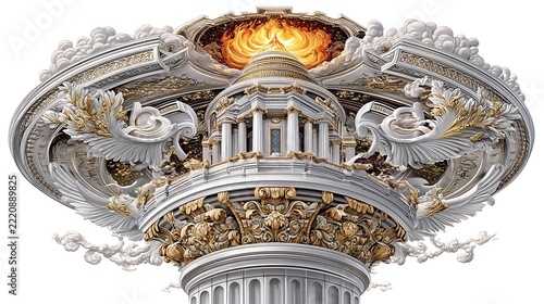 Detailed architectural diorama of an ancient temple burning high resolution image