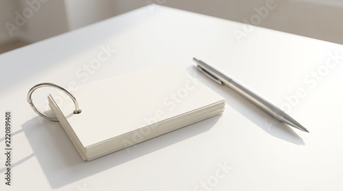 Blank index cards on metal binder ring with pen on white desk