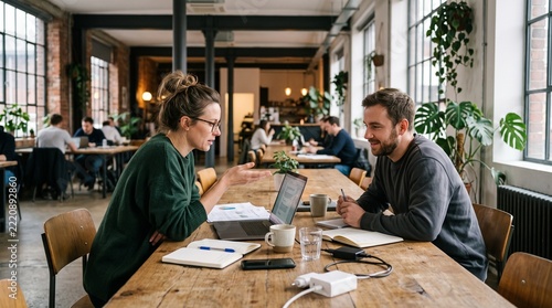 Remote Work & Digital Nomad. Team Brainstorming at a Coworking Space