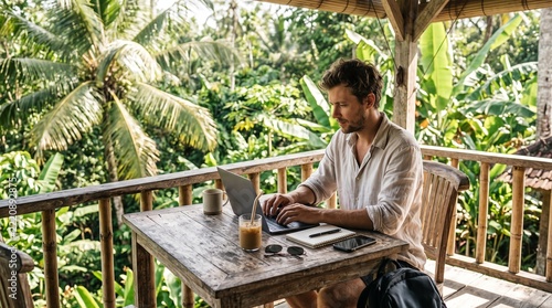 A young man working on his laptop on the terrace.  Remote Work & Digital Nomad