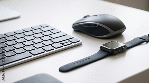 Remote Work & Digital Nomad: Wireless gadgets on the desk  