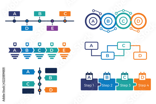 Business infographic template set, timeline process flow chart diagrams and step option graphics isolated on white background