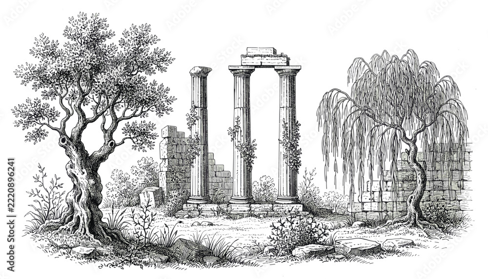 Fototapeta premium Antique style engraving of ancient ruins with columns and trees
