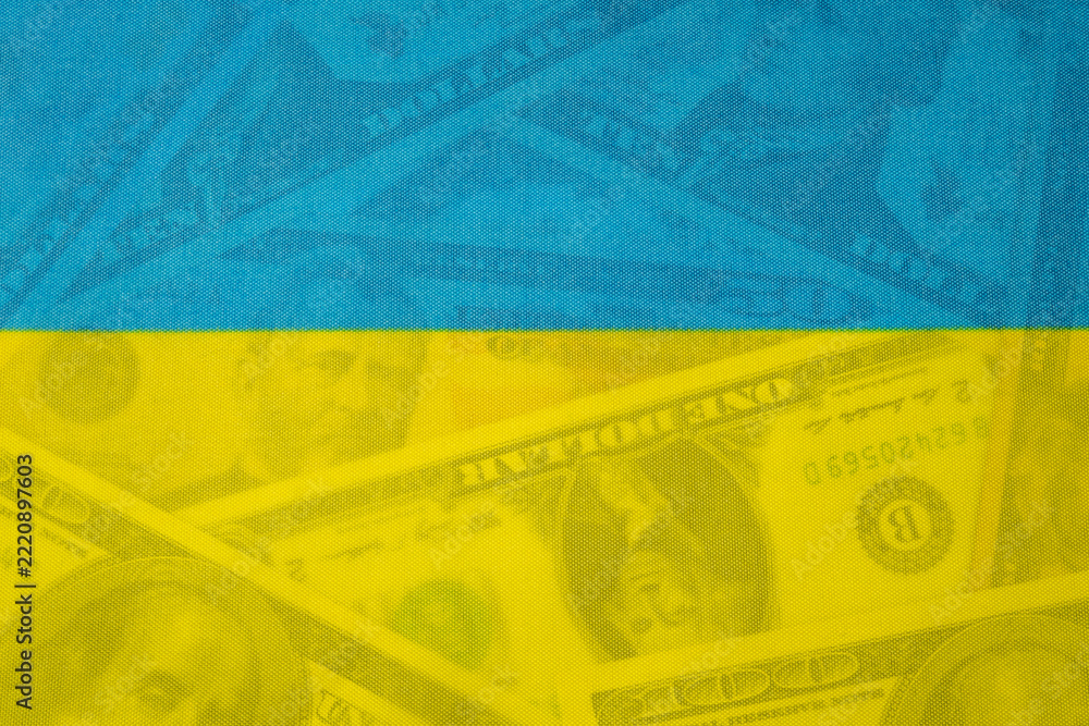 Fototapeta premium Ukrainian Flag Colors Over Dollar Banknotes