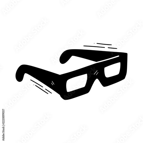 Hand drawn 3D black glasses illustration with rectangular frames and thick temples, modern eyewear accessory in black and white line art, isolated on white background. Doodle Vector - EPS 10 Vector