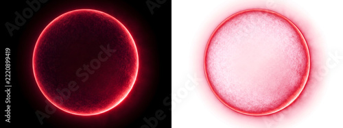 Dark red circle with a glowing crimson neon rim and textured inner surface for dramatic eclipse style designs in PNG, Transparent and Black Background Versions