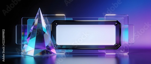 Modern 3D geometric offer banner frame with glass pyramid and neon backlighting