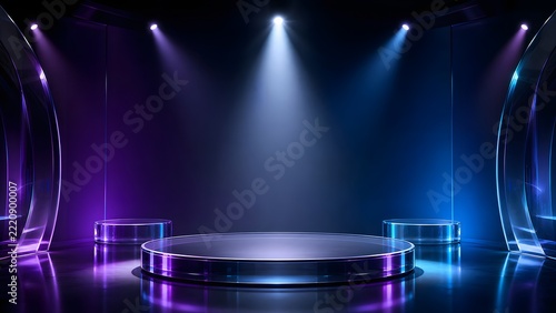 Futuristic glass podium stage display with purple and blue spotlight illumination