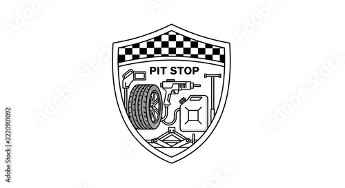 Car Pit Stop Emblem with Tire, Jack, and Tools - Automotive Service Icon
