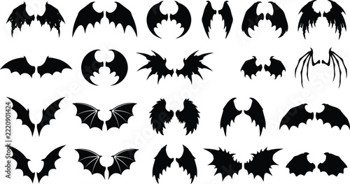 Assorted black silhouettes of various dragon and bat wings in different shapes and styles isolated on a white background, for projects