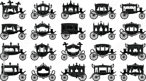 Set of black silhouettes depicting antique funeral carriages, hearses, and ornate horse-drawn carriages, isolated on a white background