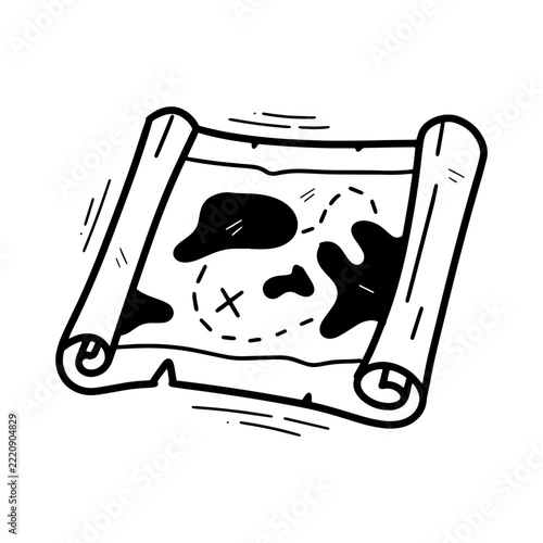 Hand drawn treasure map illustration on a rolled parchment scroll with marked locations and dotted paths, adventure concept in black and white line art. Doodle Vector - EPS 10 Vector