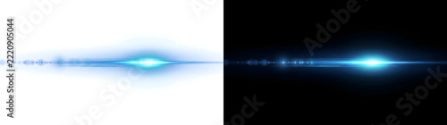 Horizontal blue anamorphic flare with a bright cyan center and a row of tiny glowing dots for sci fi scenes in PNG, Transparent and Black Background Versions