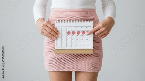 Female holding a period calendar with red marks for calculating ovulation day or family planning.